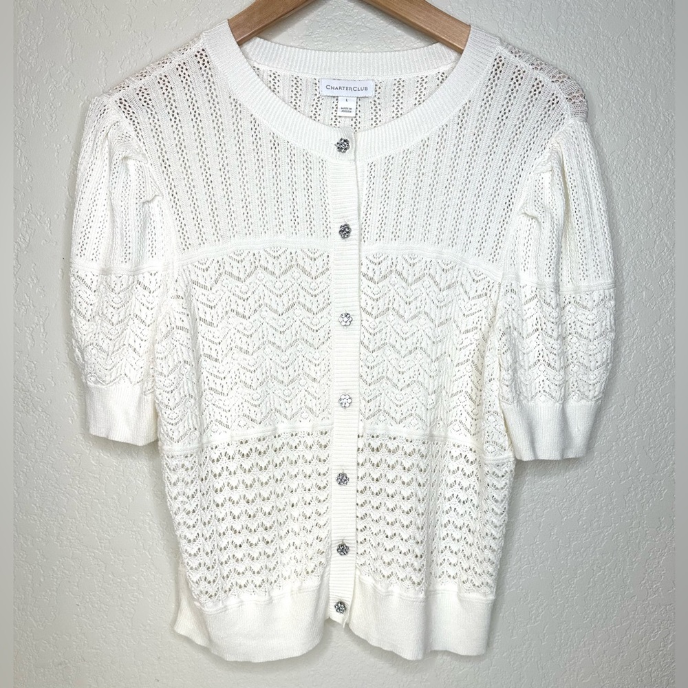 Charter Club ivory rhinestone button up short sleeve knit sweater cardigan large